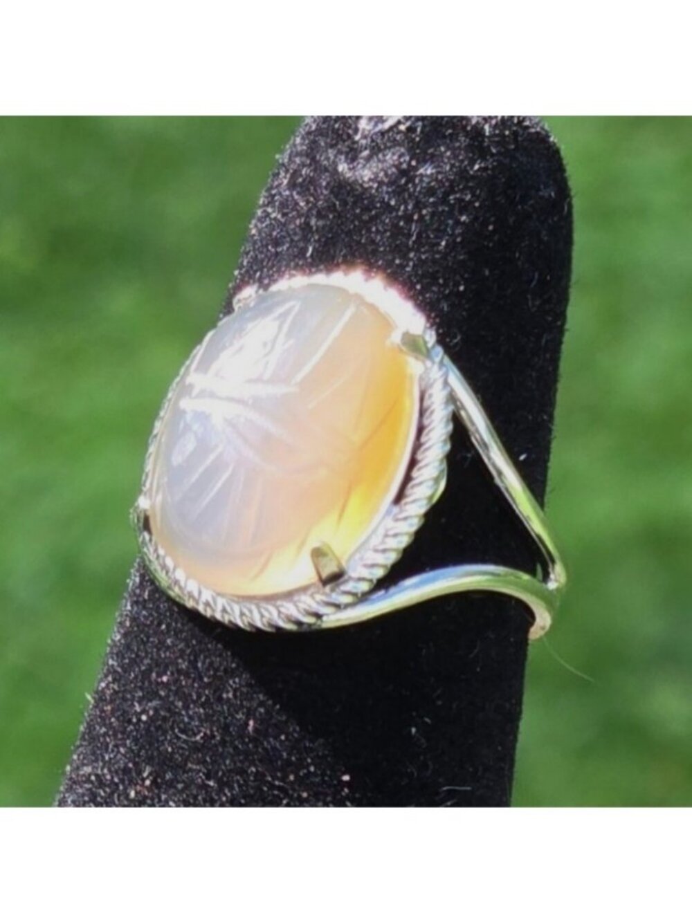 MCM Burt Cassell Scarab beetle ring stone 12K White GF Egyptian revival VTG 5.5
